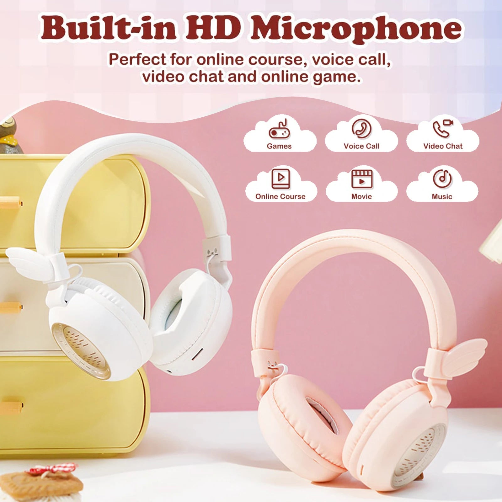 Cartoon Bluetooth 5.0 Wireless Kids Headphone Angel Wings Cell Phone Gaming Headset Support TF Card AUX For Smartphone PC