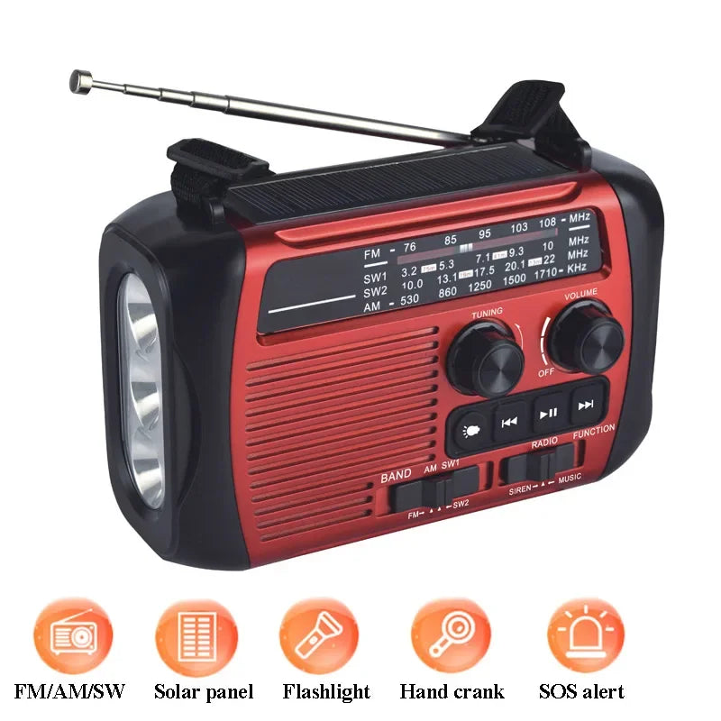 Portable FM AM SW Radio Solar Charging Hand Crank Emergency Radios Wireless Bluetooth Speaker with LED Flashlight TF Card USB Po