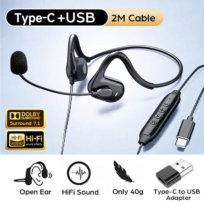 Open-Ear Type-C Wired Headset with Noise-Canceling Microphone, USB Dongle, Lightweight Design, USB C Stereo Gaming Headphones