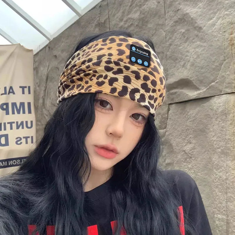 Bluetooth Earphones Sports Sleeping Headband Elastic Wireless Headphones Music Eye Mask Wireless Headset Leopard Print Headband