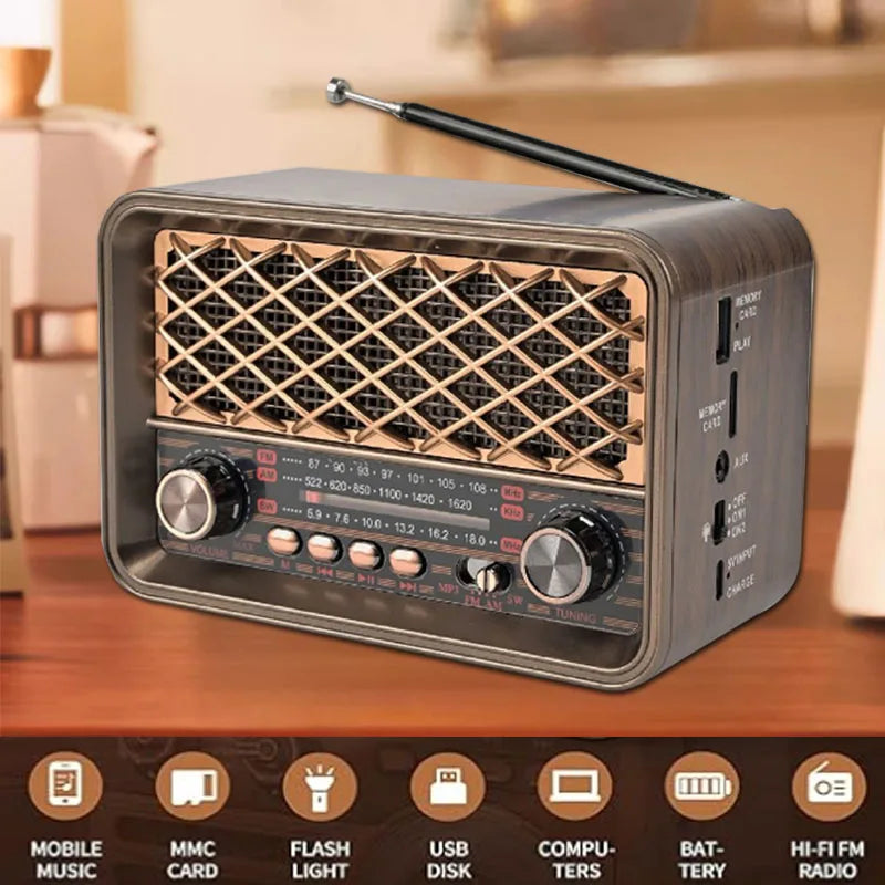 Portable Vintage FM AM SW Radio Classic Retro Full Band Radios Receiver Wireless Bluetooth Speaker Support LED Llight TF USB AUX