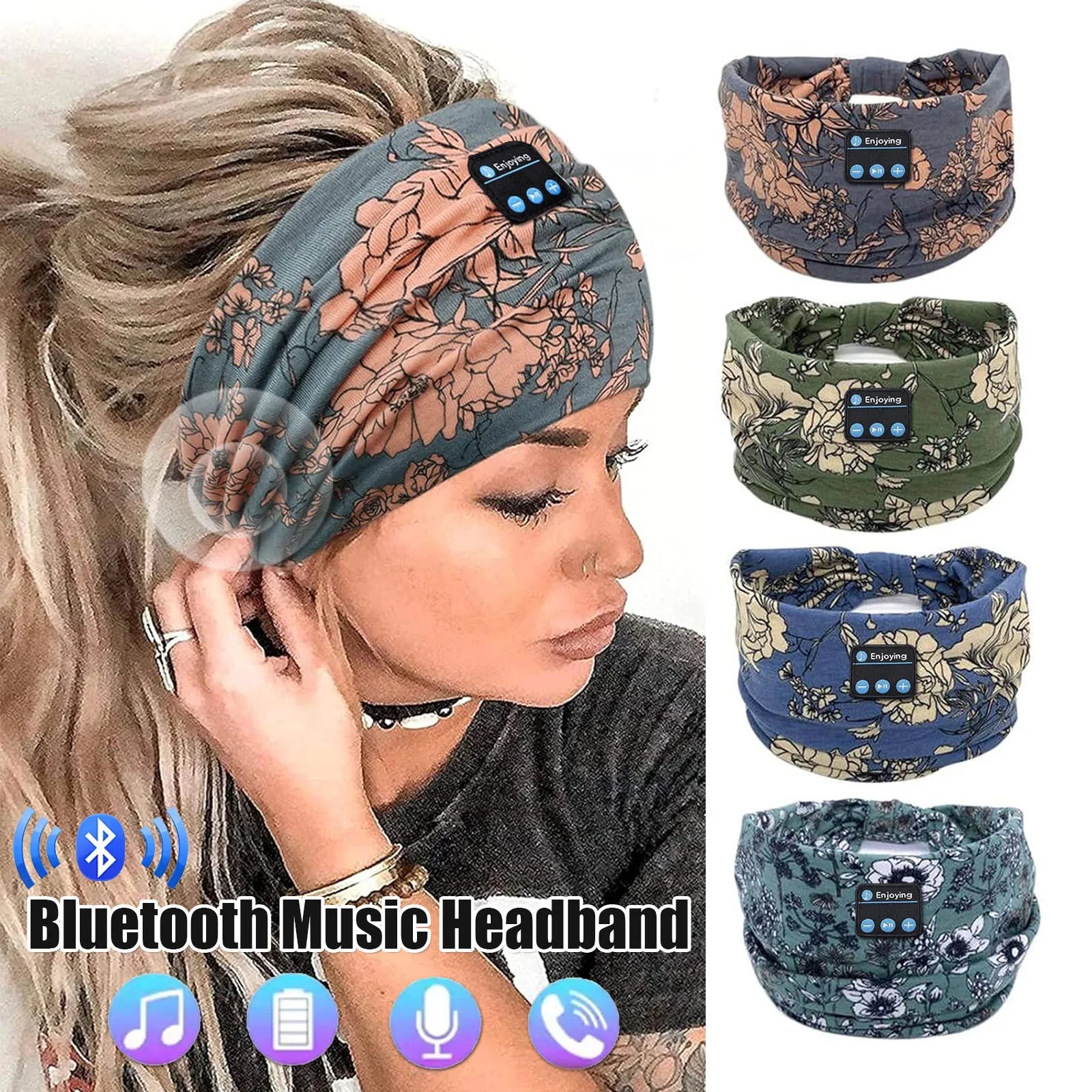 Wireless Bluetooth Headphones Flower Headband Sports Sleeping Head Band Earphones Elastic Breathable Music Headset Microphone