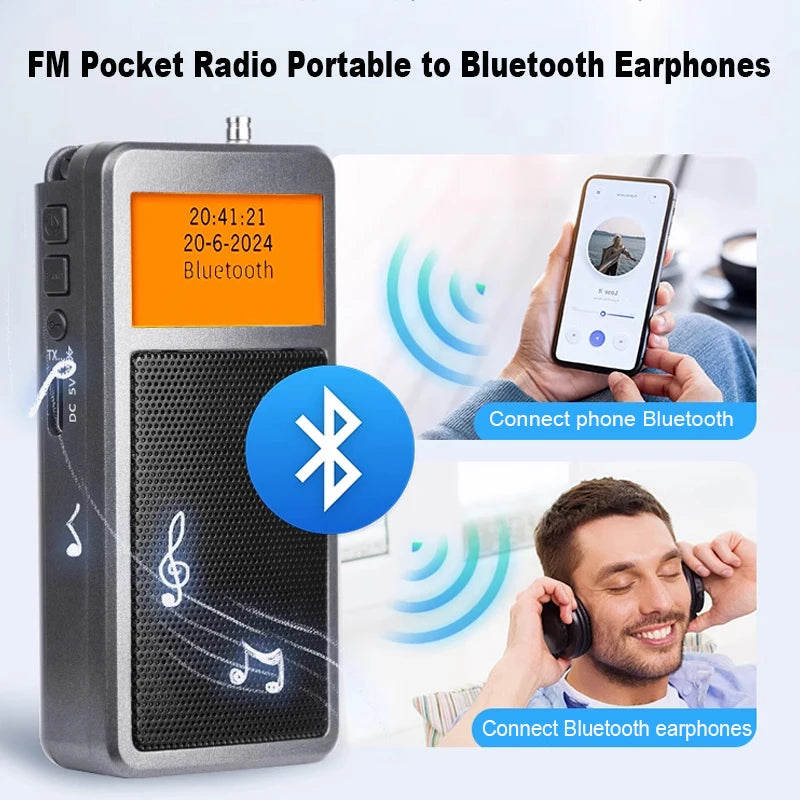 Mini Portable Bluetooth Radio Pocket DSP FM Stereo Radios Wireless Bluetooth Speaker with Alarm Clock Backlight Screen Rechargea