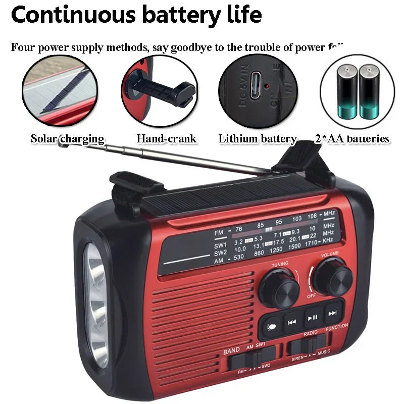 Portable FM AM SW Radio Solar Charging Hand Crank Emergency Radios Wireless Bluetooth Speaker with LED Flashlight TF Card USB Po