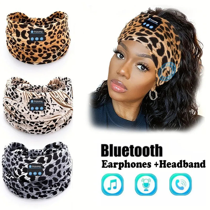 Bluetooth Earphones Sports Sleeping Headband Elastic Wireless Headphones Music Eye Mask Wireless Headset Leopard Print Headband